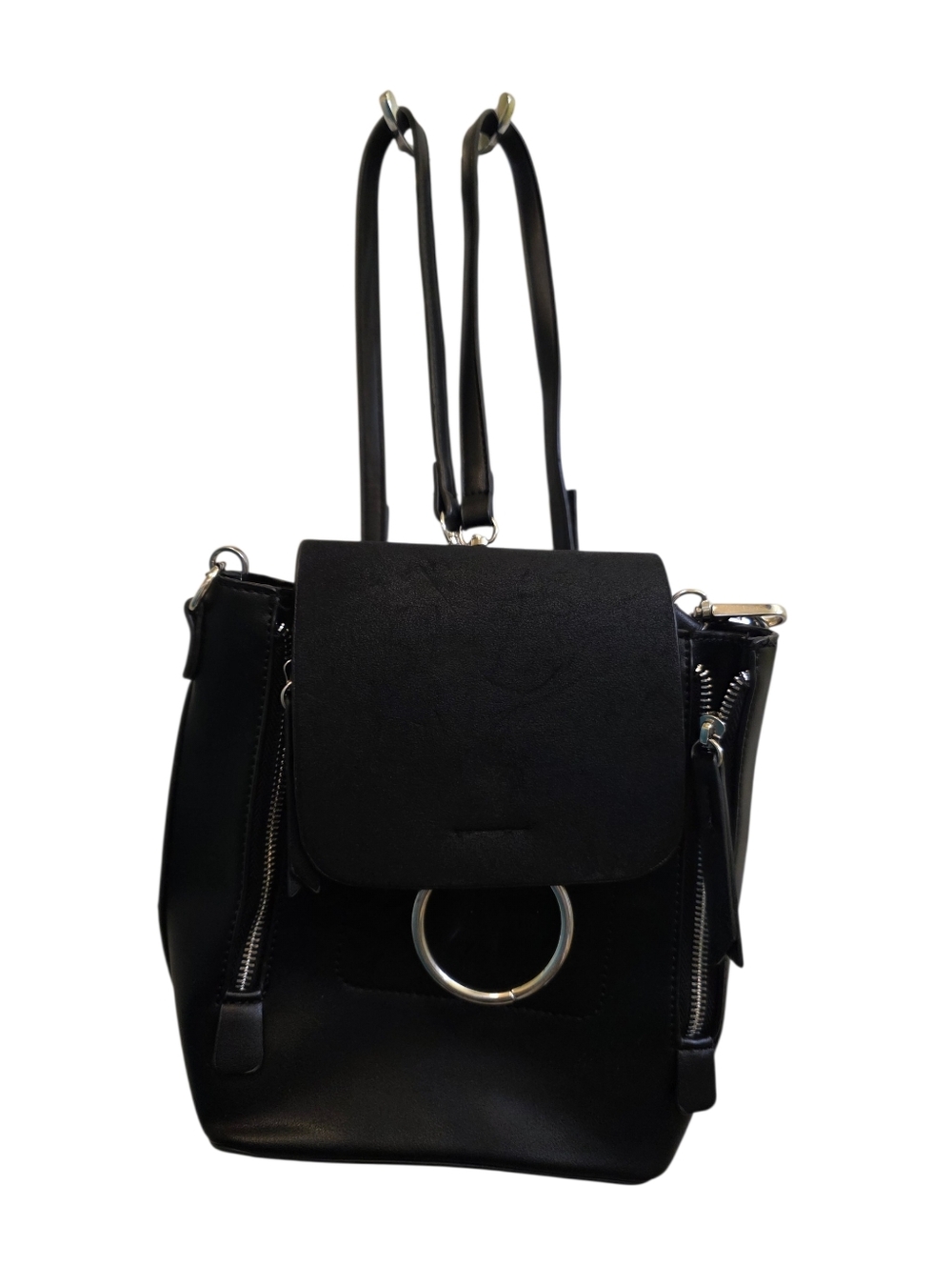 Lulus Faux Leather Black Convertible Mini Backpack Handbag Silver Tone Detail OS